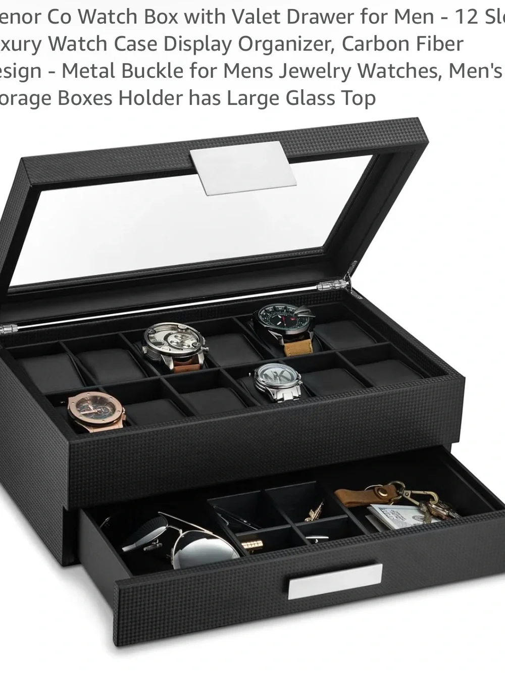 Black Carbon Fiber Watch Case with Valet Drawer for Men